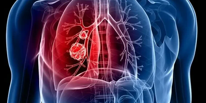 A 3D medical visualization of the human chest cavity showing a malignant tumor mass in the right lung with highlighted respiratory pathways in red.