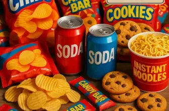Processed food on table including soda, chips, and snacks without branding