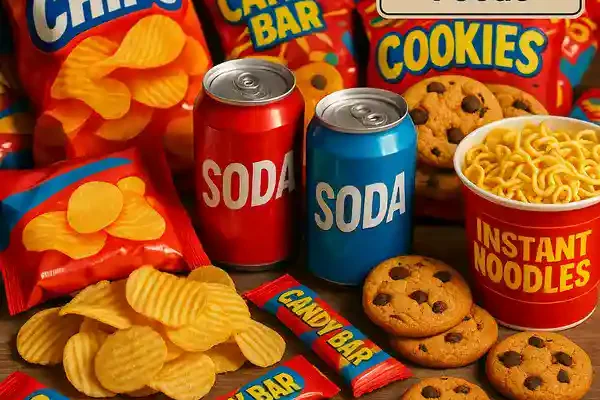 Processed food on table including soda, chips, and snacks without branding