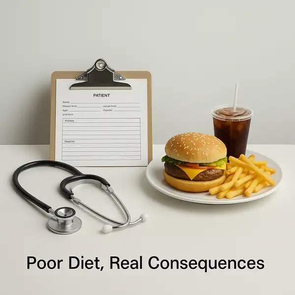 doctor desk with stethoscope, patient chart, and plate of fast food