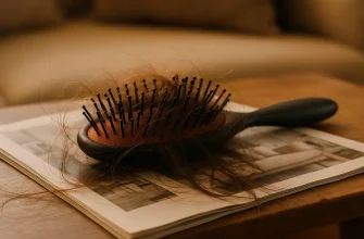 Postpartum hair loss, hair shedding after pregnancy, female hairbrush with fallen strands on table