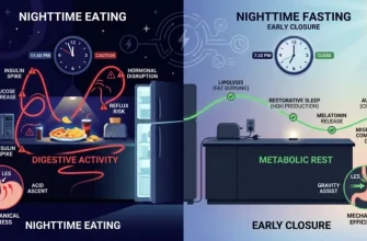 A medical infographic contrasting the physiological effects of nighttime eating versus nighttime fasting on the human body's circadian rhythm, metabolism, and digestive efficiency.