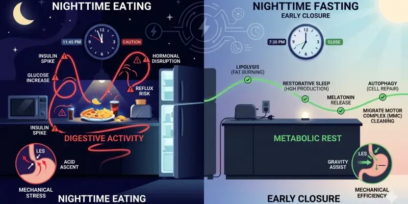 A medical infographic contrasting the physiological effects of nighttime eating versus nighttime fasting on the human body's circadian rhythm, metabolism, and digestive efficiency.