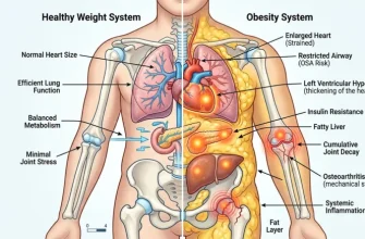 Medical diagram comparing a healthy weight system to an obesity system, highlighting strained heart, fatty liver, insulin resistance, and joint decay.