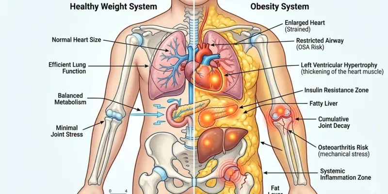 Medical diagram comparing a healthy weight system to an obesity system, highlighting strained heart, fatty liver, insulin resistance, and joint decay.