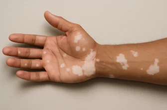 Male hand and forearm with noticeable white spots on the skin, typical of vitiligo or other hypopigmentation disorders, clearly visible on the palm and inner arm.