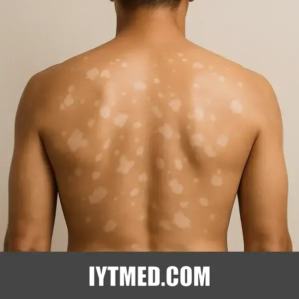 Back of a male with white spots on the upper back and shoulders, showing signs of vitiligo or tinea versicolor, a common skin discoloration condition.