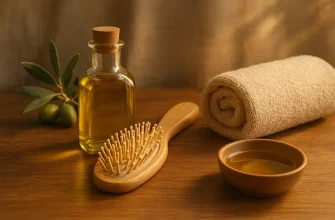 Natural hair care with olive oil – warm-toned flat lay of extra virgin olive oil bottle, wooden hairbrush, and towel in a cozy home spa setting