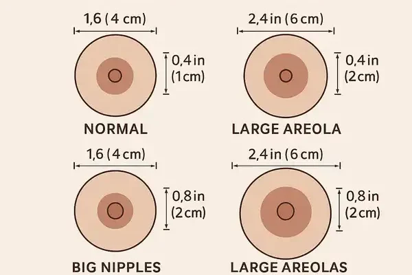 Illustration comparing normal and enlarged nipple and areola sizes to show what’s medically considered within the normal range.