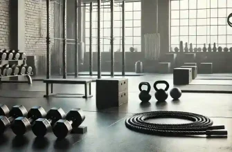 Empty industrial-style gym setup for men’s belly fat loss workouts, featuring weights, barbells, kettlebells, and a jump rope on a concrete floor with brick walls and natural light.