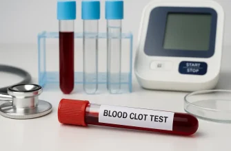 lood sample tube labeled “Blood Clot Test” on a lab table with diagnostic tools — symbolizing medical testing for clot recovery and vein health.
