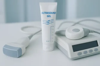 Ultrasound probe, Doppler sensor, and medical gel on a clean surface, illustrating modern diagnostic tools used before labor in obstetric care.