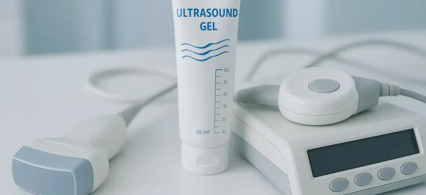 Ultrasound probe, Doppler sensor, and medical gel on a clean surface, illustrating modern diagnostic tools used before labor in obstetric care.