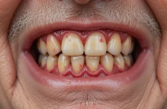 Senior mouth showing gum inflammation, plaque buildup, and tooth shifting