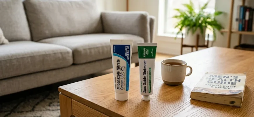 Two tubes of OTC treatment creams for groin irritation, including antifungal and zinc oxide ointment, on a wooden coffee table in a bright, modern living room setting.