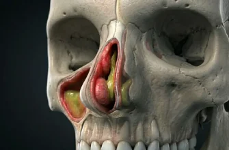 3D medical illustration of a human skull showing inflamed nasal cavity and sinuses filled with yellow mucus due to sinusitis.