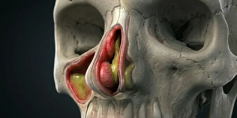 3D medical illustration of a human skull showing inflamed nasal cavity and sinuses filled with yellow mucus due to sinusitis.