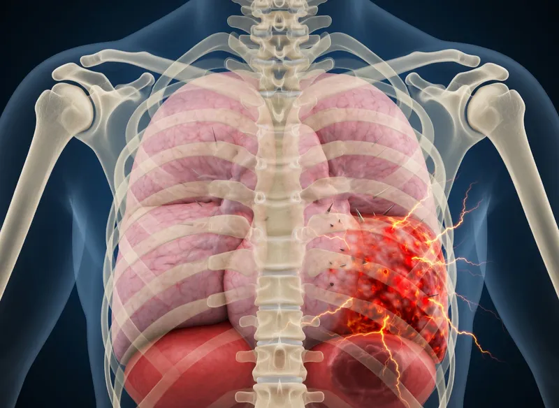 3D illustration of sharp stabbing pleurisy pain in the human lungs showing inflammation of the pleural layers.