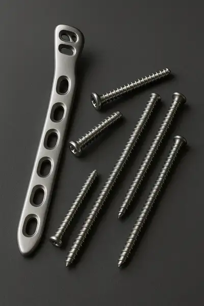 Orthopedic titanium plate and screws for lateral malleolus fracture fixation – surgical hardware for ankle osteosynthesis