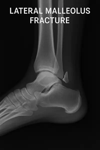 X-ray image of lateral malleolus fracture in ankle – clear bone break and displacement