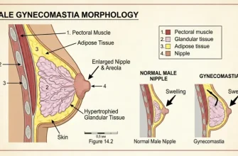 Anatomy diagram of male gynecomastia showing hypertrophied glandular tissue and adipose tissue compared to a normal male nipple.