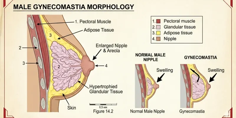 Anatomy diagram of male gynecomastia showing hypertrophied glandular tissue and adipose tissue compared to a normal male nipple.