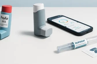 Modern asthma medications including inhalers, smart sensors, and a Dupixent syringe displayed on a clean medical surface for respiratory treatment.