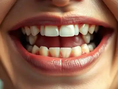 Close-up of a human mouth with slightly crooked teeth, showing natural dental misalignment.