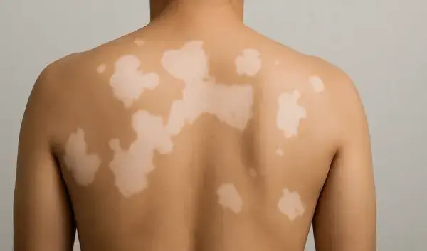 Back with white patches from vitiligo – skin discoloration example for diagnosis