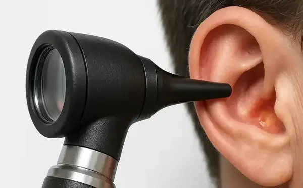 Otitis Media with Effusion diagnosis using otoscope — close-up of ear examination, showing ear canal and signs of middle ear fluid. No face visible. Keywords: otoscope, ear exam, glue ear, OME symptoms, middle ear fluid, pediatric ENT, ear infection check.