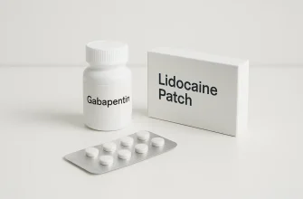 Gabapentin bottle, Lidocaine Patch box, and blister pack of pain relief tablets on a white medical table — non-opioid alternatives to oxycodone.