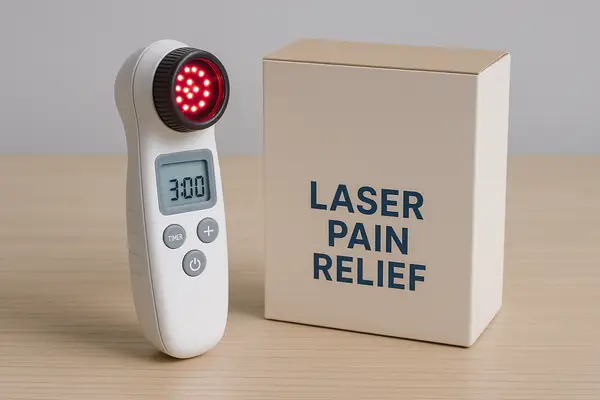 Low Level Laser Therapy device and a box labeled Laser Pain Relief placed on a white medical table as a modern non opioid pain relief alternative