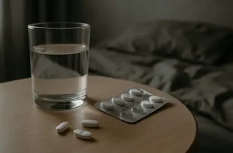 glass of water and white pills on a wooden bedside table, symbolizing pain relief and self-care during menstrual symptoms