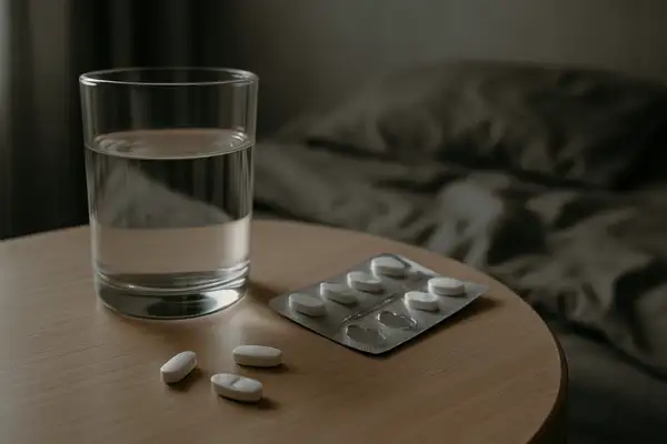 glass of water and white pills on a wooden bedside table, symbolizing pain relief and self-care during menstrual symptoms