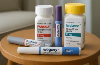 Bottles of Farxiga and Jardiance with Saxenda, Ozempic, and Wegovy pens on a wooden table, showing modern GLP-1 and SGLT2 diabetes drugs with weight loss benefits.