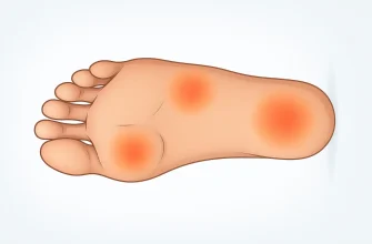Realistic medical illustration of a human foot sole showing three red-orange pressure zones at risk for diabetic ulcers on heel and forefoot.