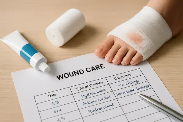 Medical supplies for diabetic foot wound care — a bandaged foot, ointment tube, gauze roll, and wound care log with treatment notes.