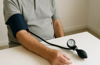 Elderly man’s arm with a blood pressure cuff resting on a table, connected to a manual gauge and bulb, illustrating accurate BP measurement setup.