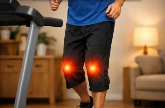 Man running on a home treadmill with glowing knees, illustrating knee pain after treadmill use during indoor training.