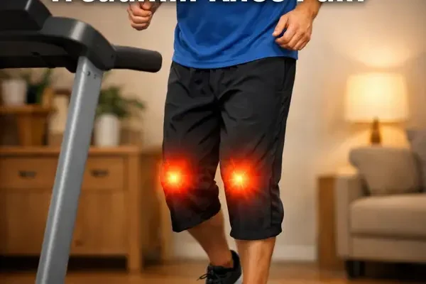 Man running on a home treadmill with glowing knees, illustrating knee pain after treadmill use during indoor training.