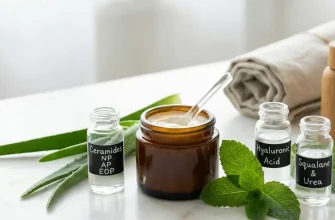 A glass jar of moisturizing cream surrounded by apothecary bottles containing ceramides, hyaluronic acid, squalane, and urea, with aloe vera leaves on a white marble surface.