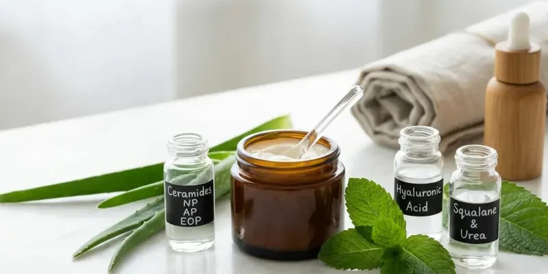 A glass jar of moisturizing cream surrounded by apothecary bottles containing ceramides, hyaluronic acid, squalane, and urea, with aloe vera leaves on a white marble surface.