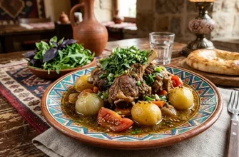 A plate of traditional Azerbaijani lamb soyutma, slow-cooked to fork-tender perfection with potatoes and fresh herbs, representing a highly bioavailable and healthy red meat option for toddlers.