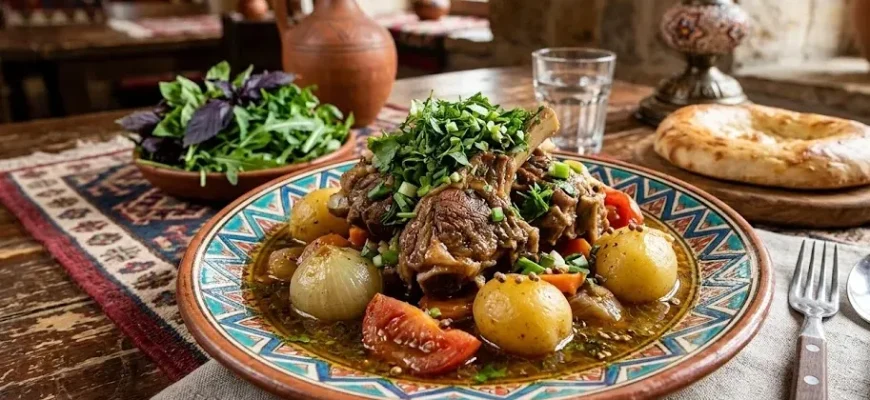 A plate of traditional Azerbaijani lamb soyutma, slow-cooked to fork-tender perfection with potatoes and fresh herbs, representing a highly bioavailable and healthy red meat option for toddlers.